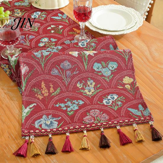 Classic Style Table Runner Jacquard Floral Runner, Vintage with Tassel Edges, Heat Resistant Farmhouse for Wedding Baby Shower Dining Decor