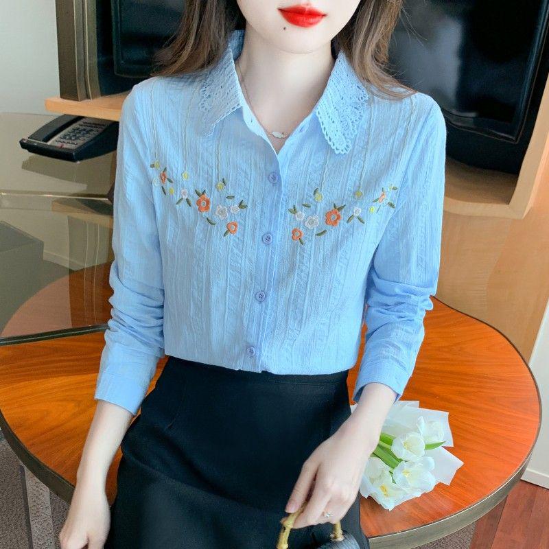 

Женская модная рубашка из чистого хлопка с вышивкой на осень 2024 года, с длинным рукавом XL светло-синий