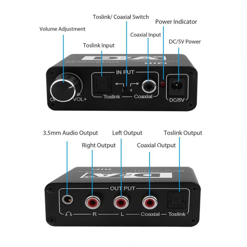 Digital To Analog Audio Converter with USB Cable Toslink Optical To Analog L/R RCA Audio