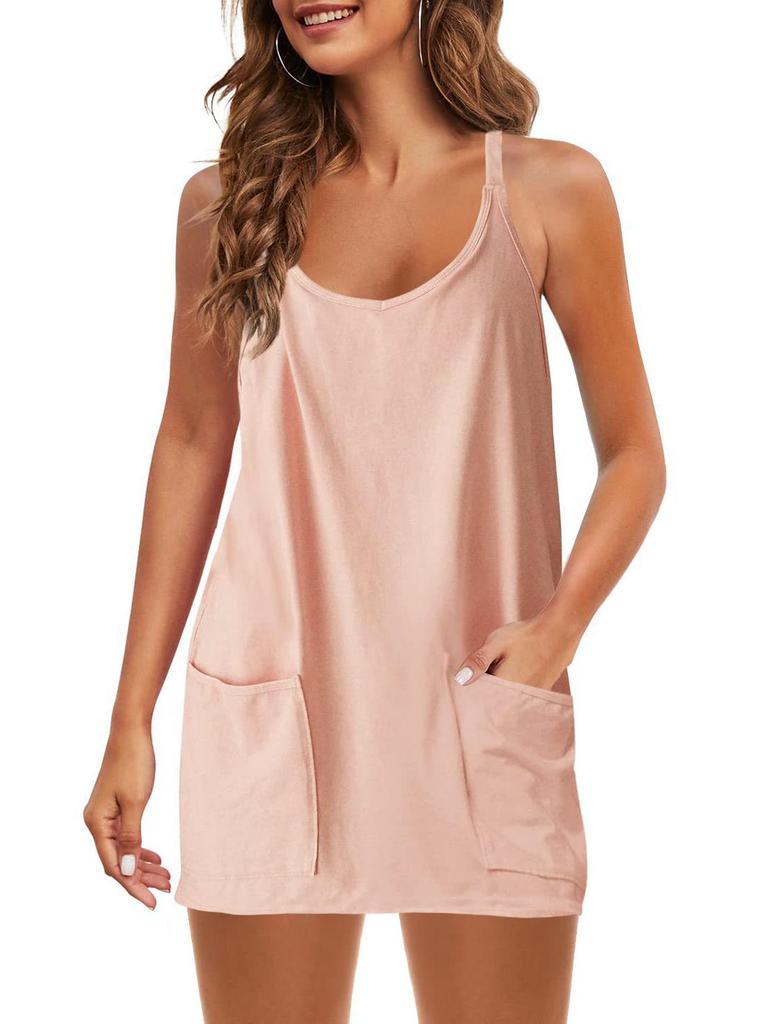 2025 Summer Sleeveless Solid Color Dress with Thin Straps & Pocket