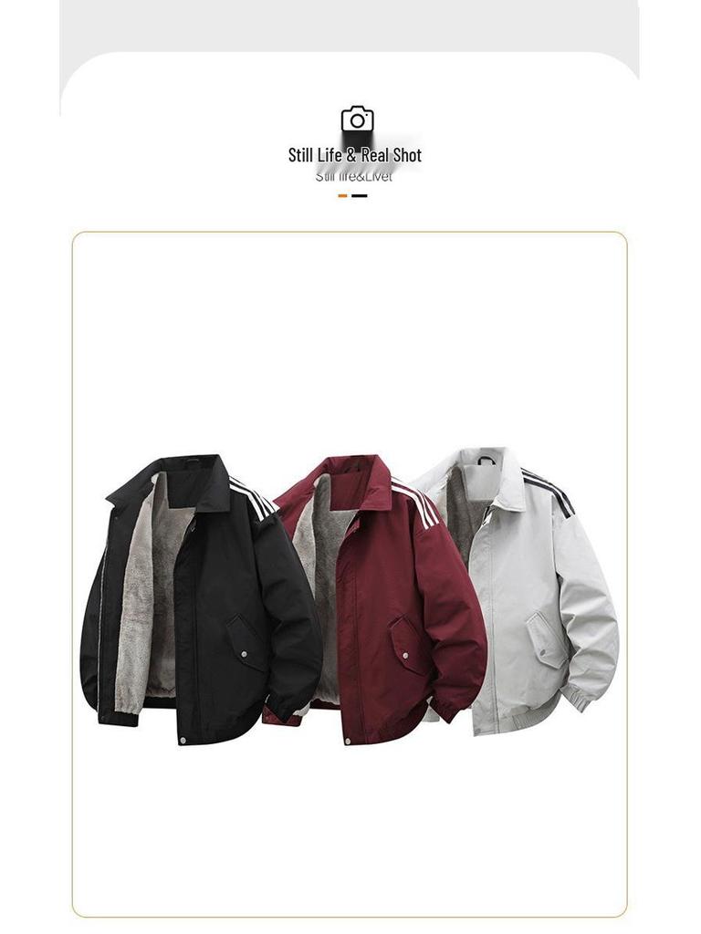 Nowa Męska Unisex Amerykański Styl Kurtka Casual z Klapami i Trzema Paskami z Pluszowym Podszyciem