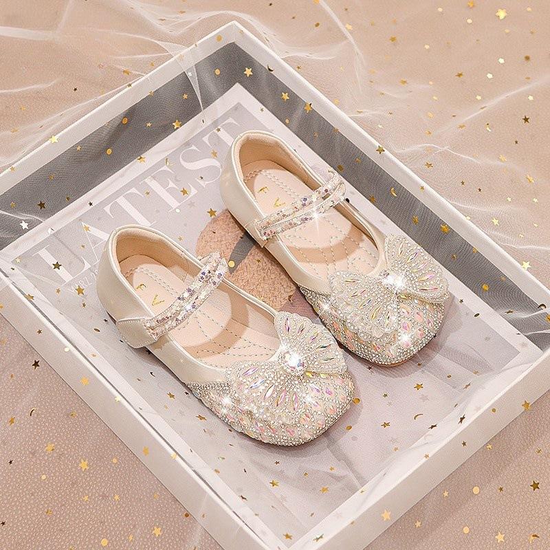 Girls' Shiny Princess Shoes with Bow Rhinestones Small Leather Shoes Fashionable Soft-soled Crystal Shoes