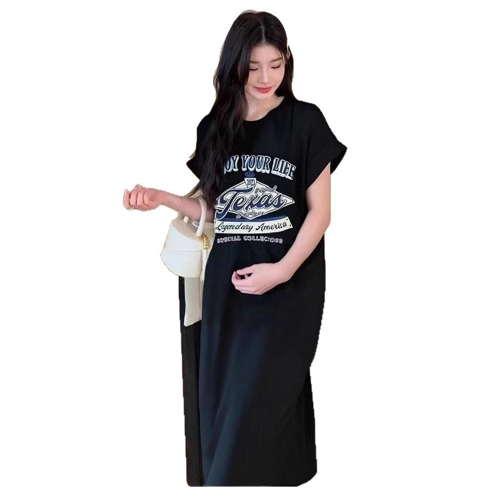 New Korean-style Short-sleeved T-shirt Dress for Women, Loose and Casual, Plus-size Small Flying Sleeve Slit Dress, Long Dress for Summer