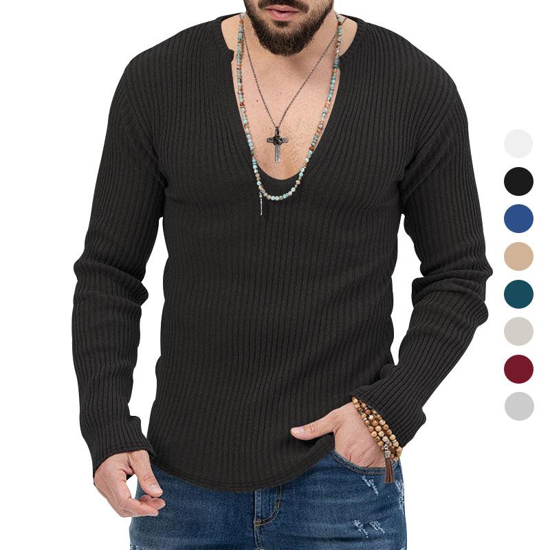 Men's Trend Spring and Autumn Deep V-neck Men's New Solid Color Knit Pullover