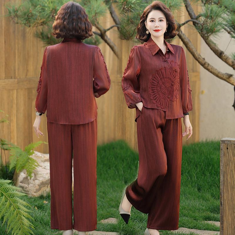 Elegant Spring Two-Piece Set for Women: Frog Button Long Sleeve Top & Pants, Chinese Style for Middle-Aged and Elderly Women