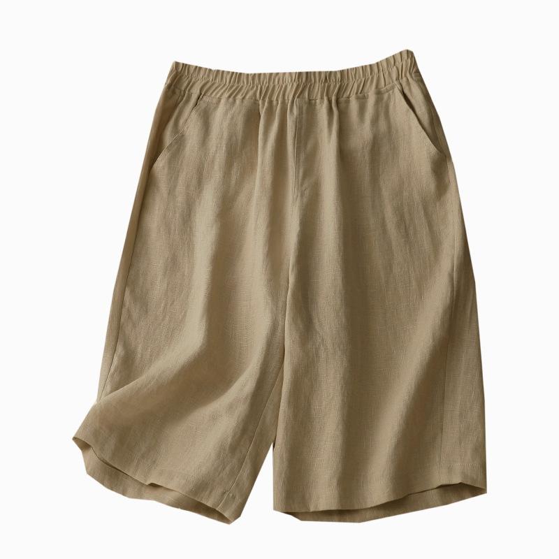 Solid color cotton and linen five-point wide-leg pants women's 2025 summer new literary and retro elastic waist temperament casual shorts