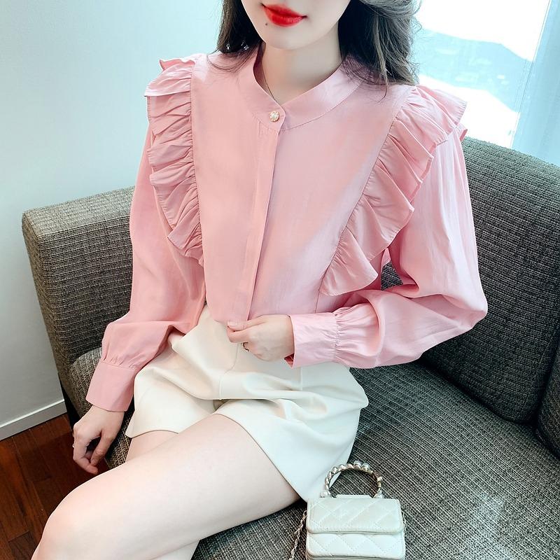 Móda Dámské O Krk Volánové Elegantní Dámské Blůzy Růžový Houbový Lem Dlouhý Rukáv Vintage Ležérní Košile Topy Jednobarevná Slim Fit Košile Dámské Oblečení 3404