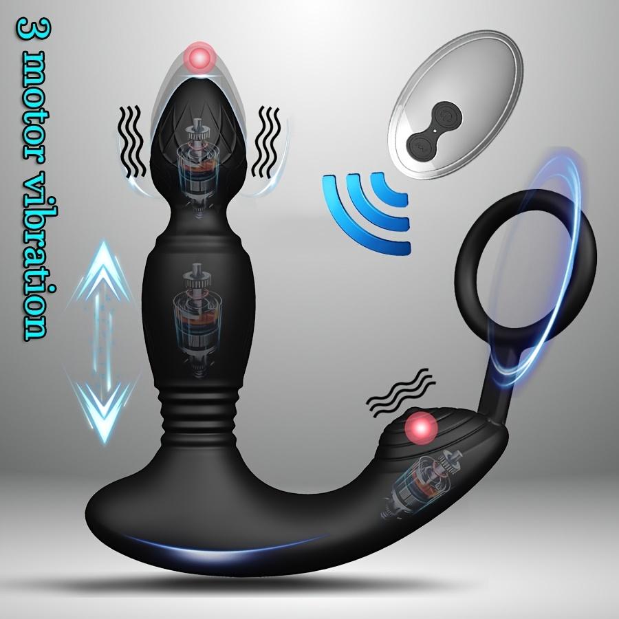 Remote Control Thrusting Anal Vibrator with Thick Penis Ring Prostate Massager 10 Mode 3 Motors Anal Plug Sex Toys