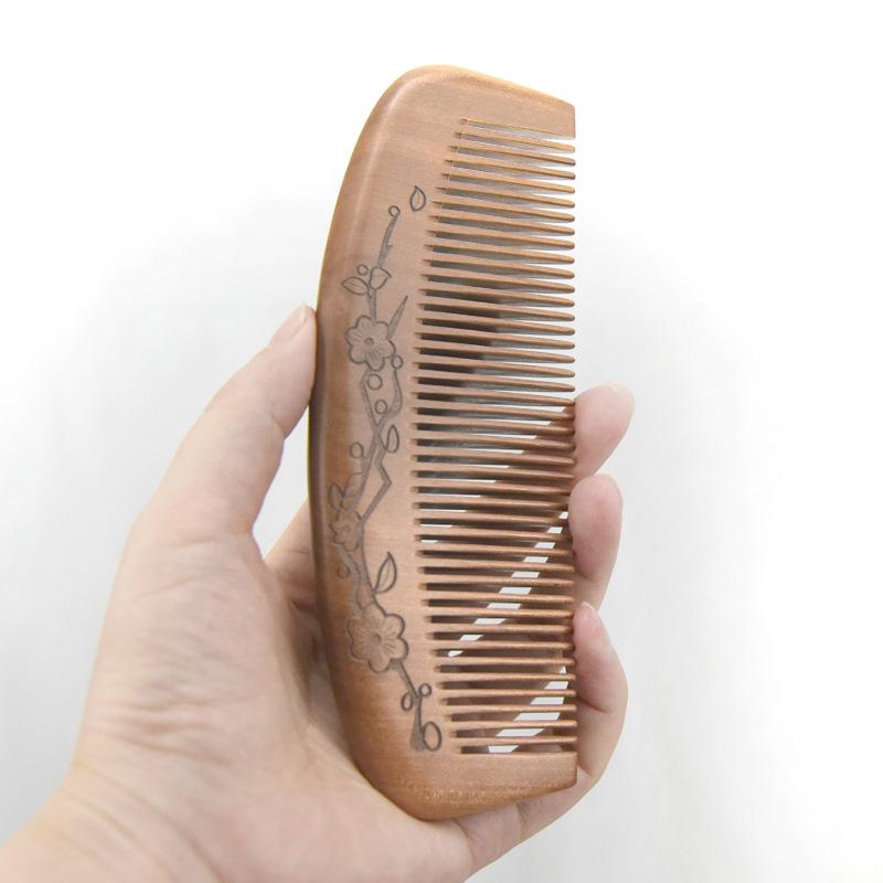 Engraved Old Peach Wood Comb for Hair Growth - Anti-Static, Curling & Styling, Home Use, with Logo