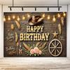 1pc Rustic Western Style Birthday Banner with Vintage Cowboy Hat Fairy Lights Wooden Wagon Wheels Bouquet with Pink Roses - B