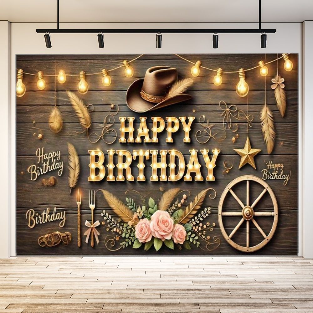 1pc Rustic Western Style Birthday Banner with Vintage Cowboy Hat Fairy Lights Wooden Wagon Wheels Bouquet with Pink Roses - B