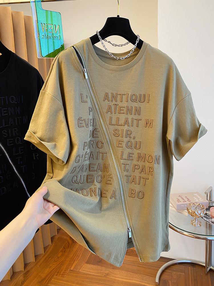 

European Design Cotton Embroidered Women s Short Sleeve Zipper Split Top XXL