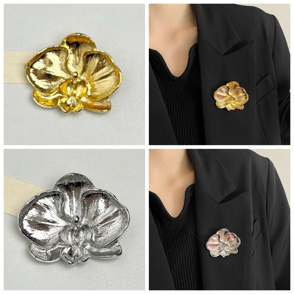 Vintage Orchid Flower Brooch Corsage Ornament Metal Glossy Brooch Butterfly Orchid Pin Men