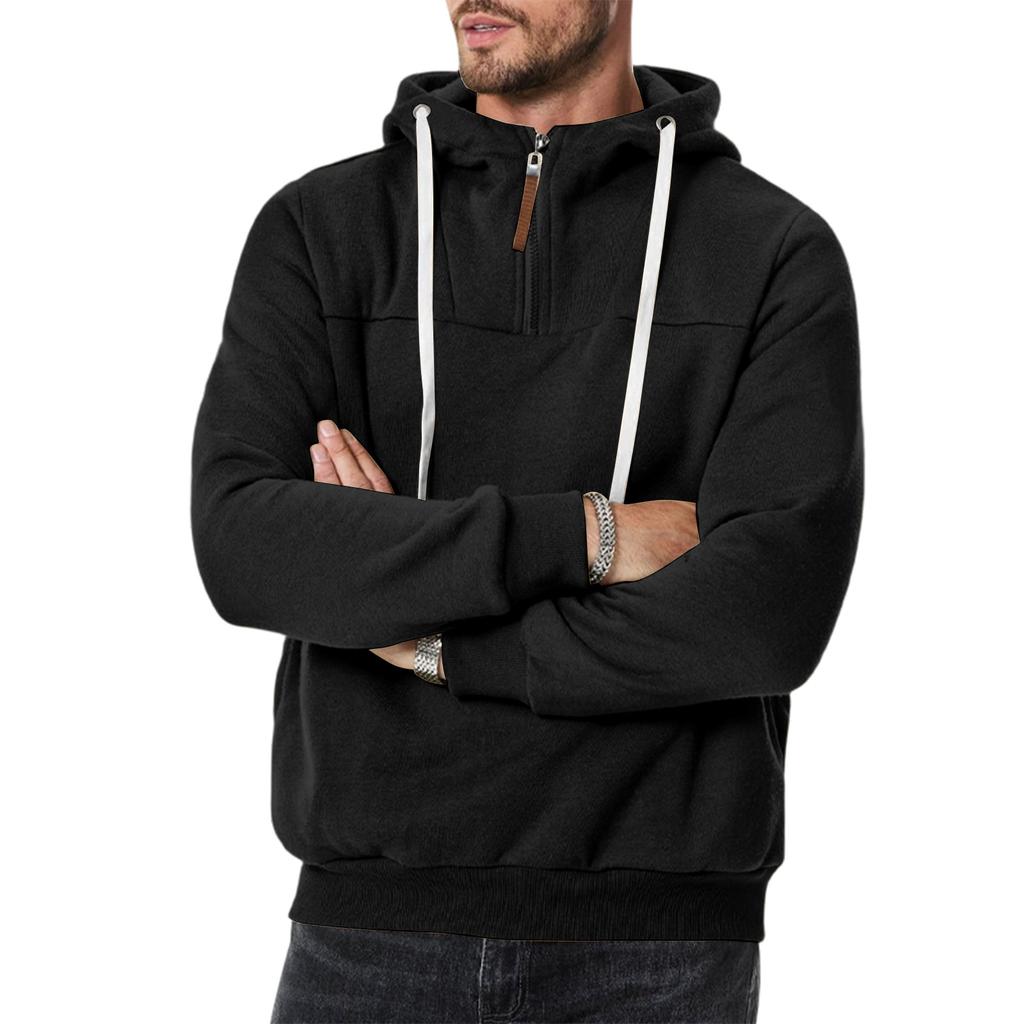 Men's Casual Hooded Sweatshirt Loose Fit Pullover Half Zip Patchwork Design Long Sleeve Pullover for Autumn Winter