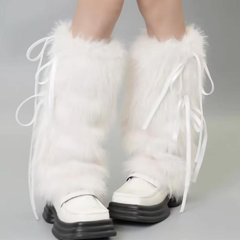 Solid Color Faux Fur Furry Leg Warmers Y2k Spicy Girl Lace Up Leg Warmers Foot Cover Warm Women's Stockings Fall Winter