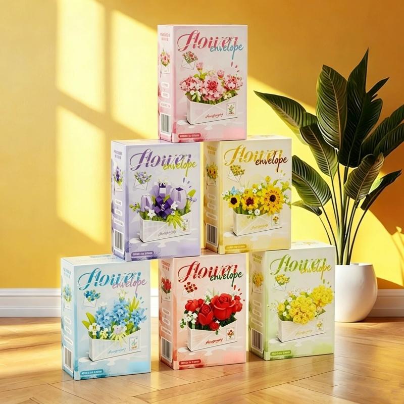 Simulated Flower Building Blocks Sunflower Rose Tulip Model Ornaments Children's Educational Assembly Toys Desktop Decoration