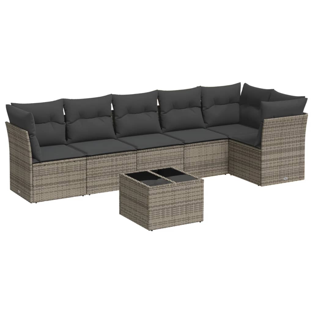 7 Piece Garden Sofa Set with Cushions Gray Poly Rattan