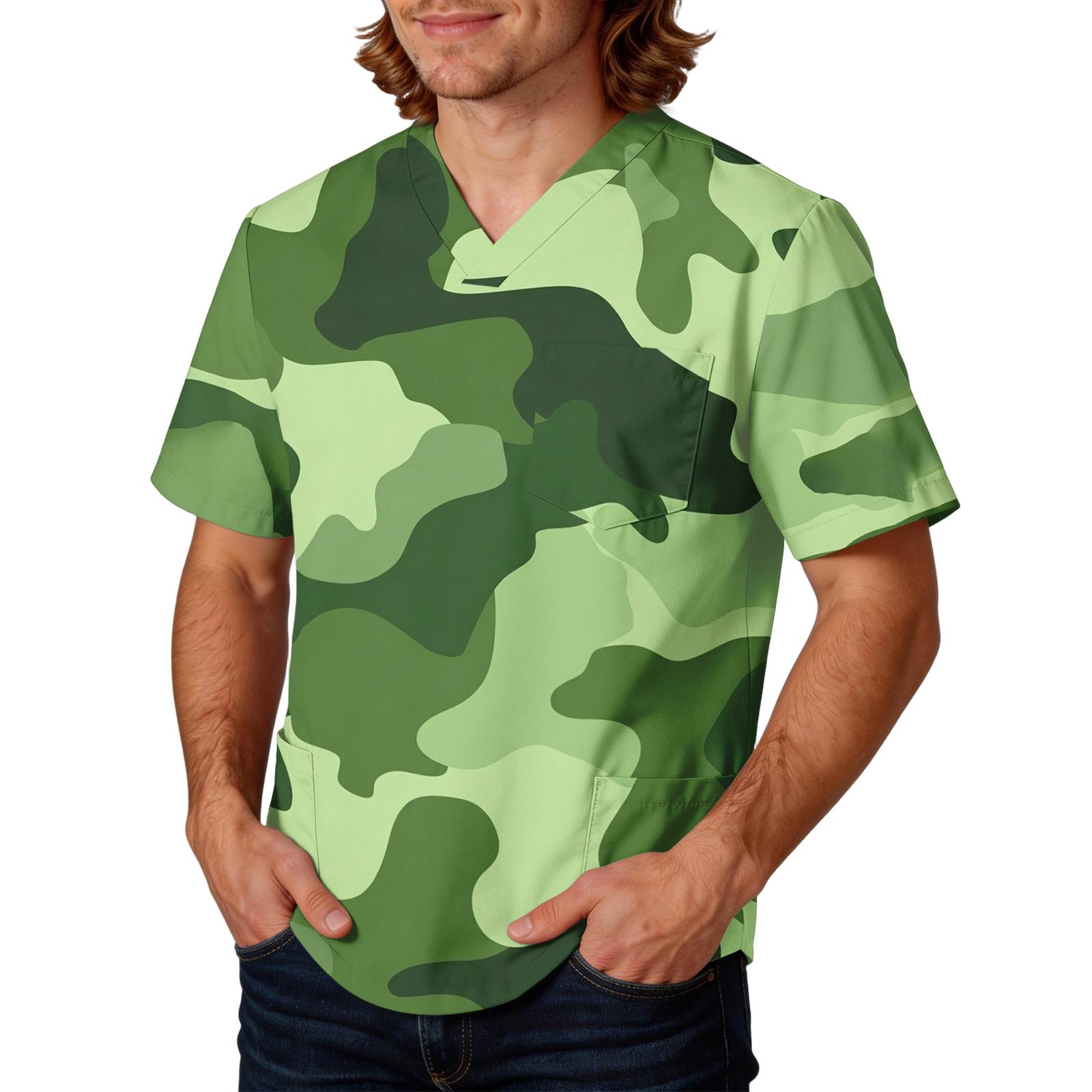 

Mens Short Sleeve V Neck Scrub Top Camouflage Printed Pullover Uniform Shirt with Chest Pocket for XXXXL