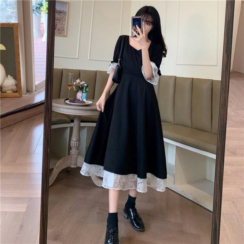 Large size women's short-sleeved skirt new retro black dress women's lisianthus long dress