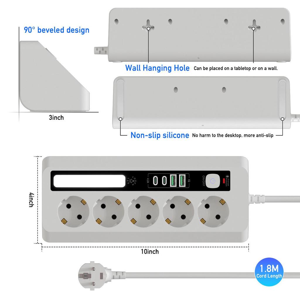 European Touch Night Light Power Strip: Triangle Wall Corner Extension Cord