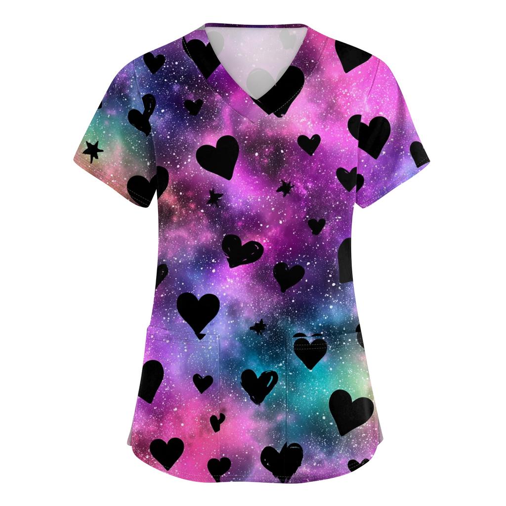 Women's V-neck Valentine's Day Printed Short-sleeved Pocket Side-slit Protective Suit Top