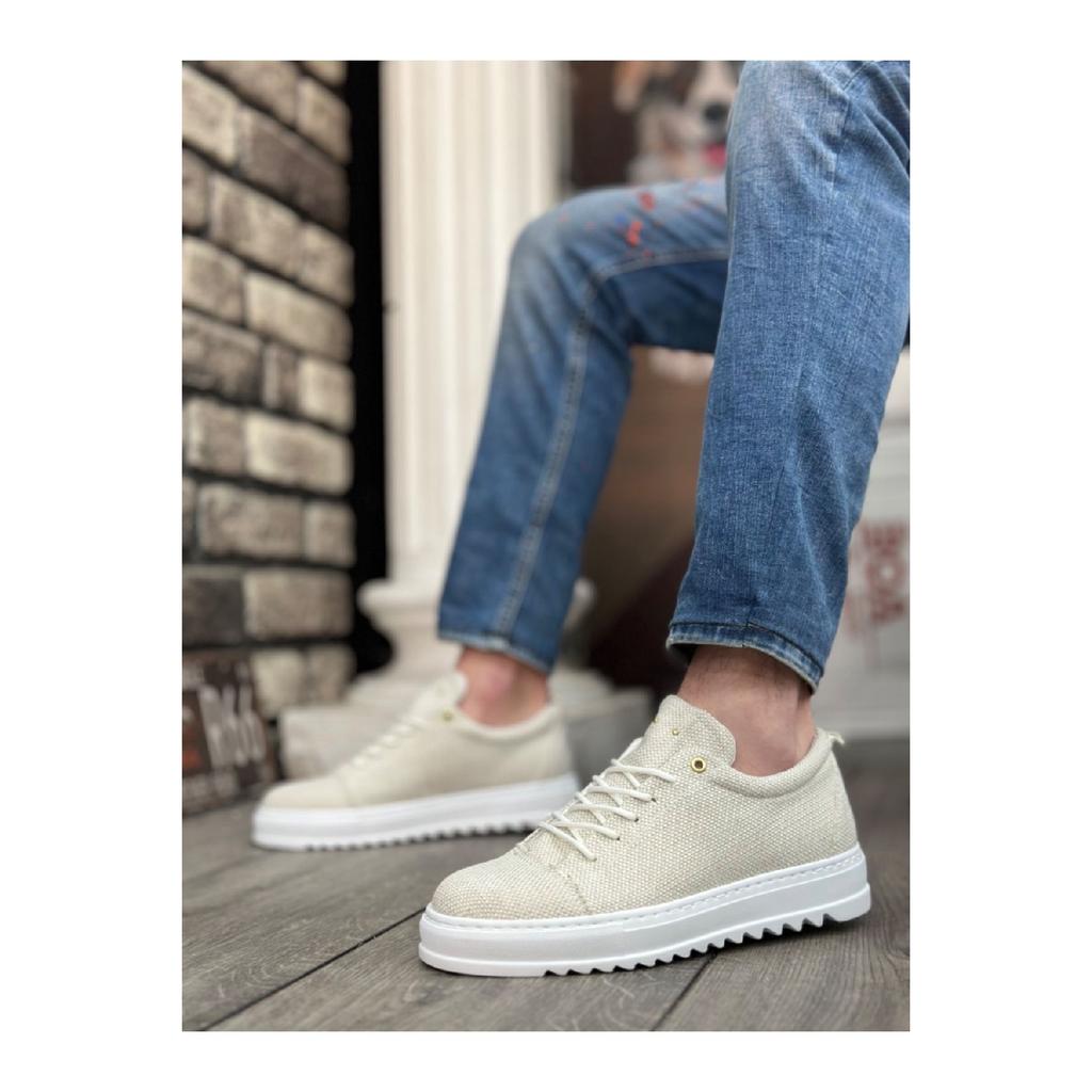 Ba0152 Lace-up High Sole Cream Linen Men's Shoes