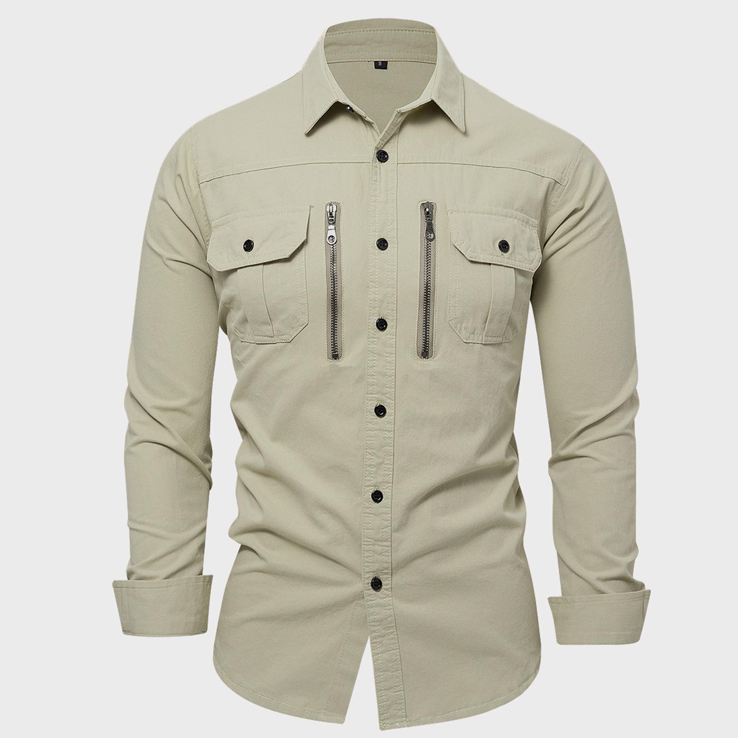 Men S Work Shirt Long Sleeve Solid Color 100 Cotton Zipper Decoration S