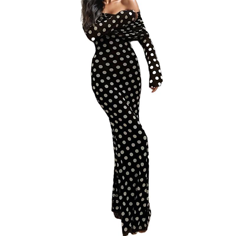 Women's 2026 Spring Retro Polka Dot One-Shoulder Dress