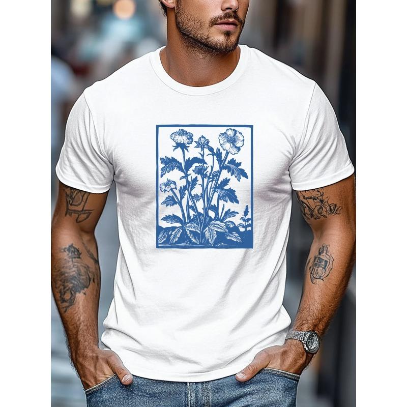 European Size Men's T-shirt, Relaxed and Casual, Comfortable and Versatile, Men's Blue Floral Pattern Summer Casual Crew Neck Short-sleeve T-shirt