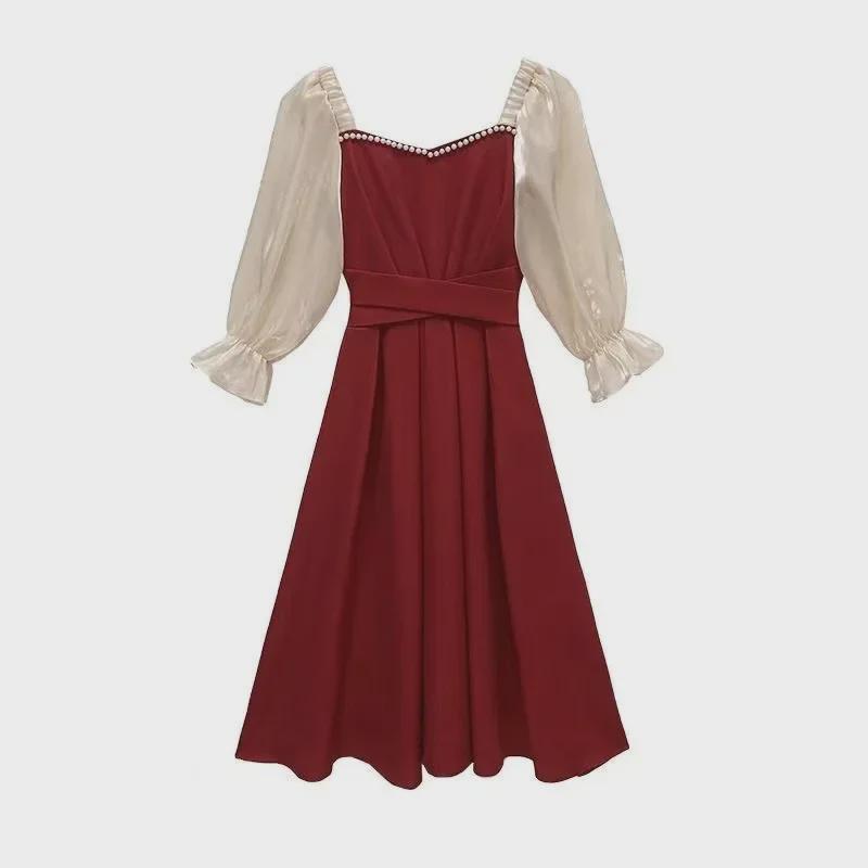 Women's French Summer A-Line Princess Dress with Short Sleeves and Waist-Slimming Design