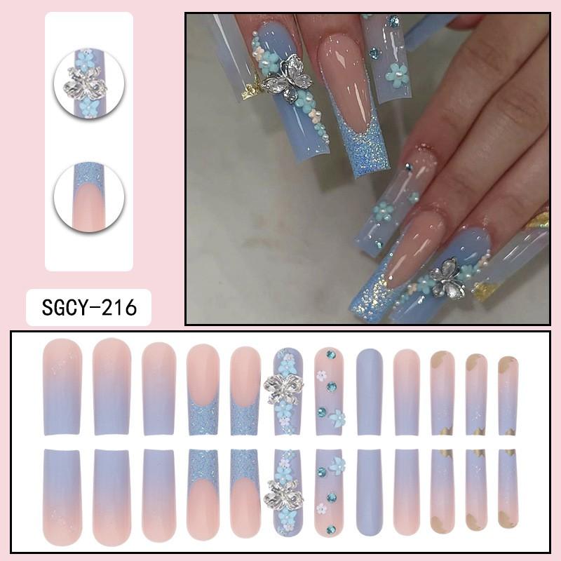 Long Blue Press-On Nails With Floral Bow Design Sparkly Glitter Sweet Cool Style Women