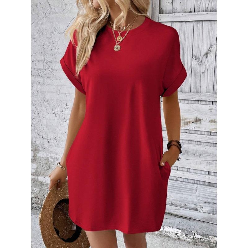 BITCED Women's Fashion Summer Spring Solid Color Print O-Neck Short Sleeve Casual Dresses
