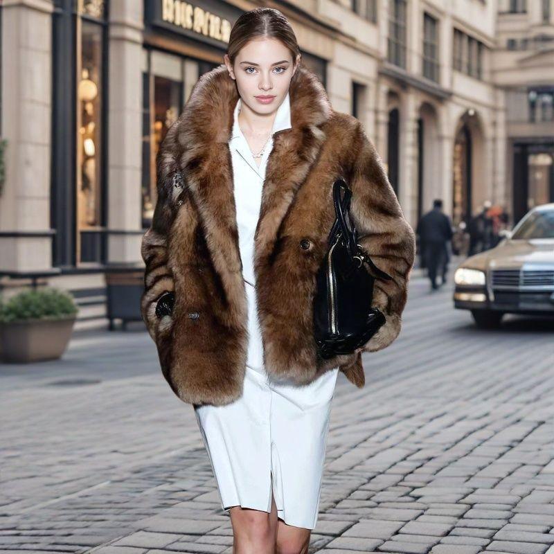 

Шуба новая искусственный мех норки костюмный воротник пальто зимнее ветрозащитное и теплое свободное бархатное тренч большого размера XS светло-коричневого