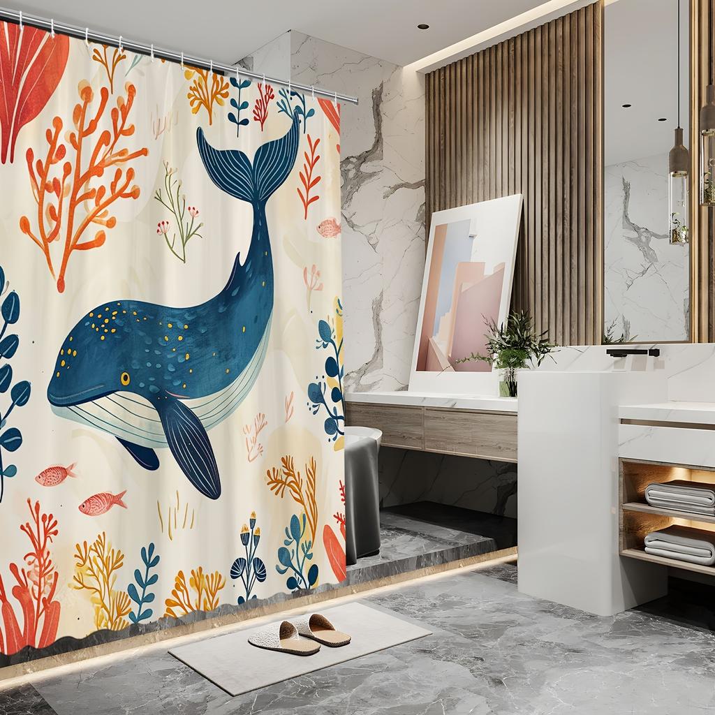 Whale Underwater Shower Curtain – Ocean Scene, Blue Whale, Coral Fish & Sea Plants, Hand-Drawn Style, Polyester