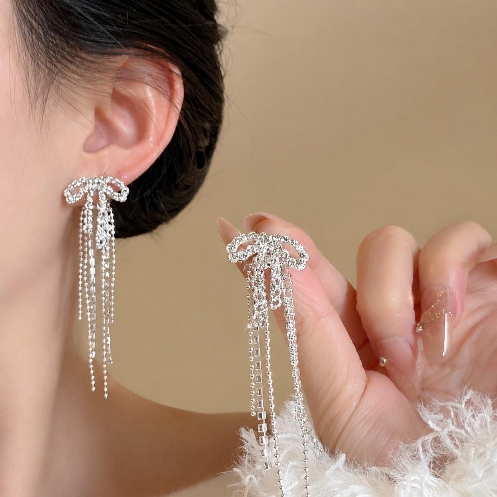 Tassel Detail Bowknot Tassel Earrings Ribbon Bow French Retro Earrings Lady Gift