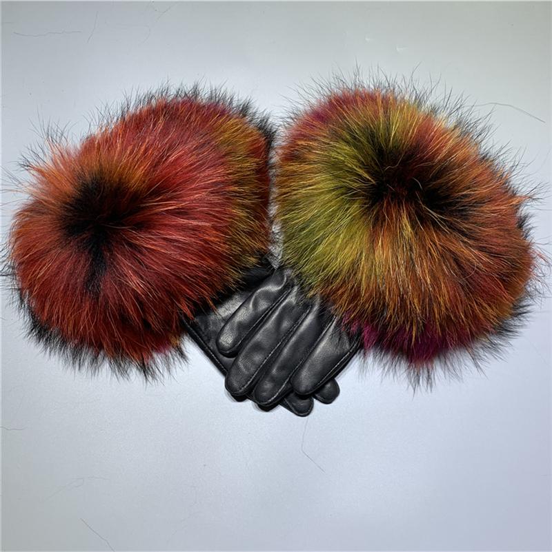 Jxwatcher Winter Women Warm Genuine Sheepskin Gloves Luxury Fur Trim Full Finger Fashion Leather Gloves