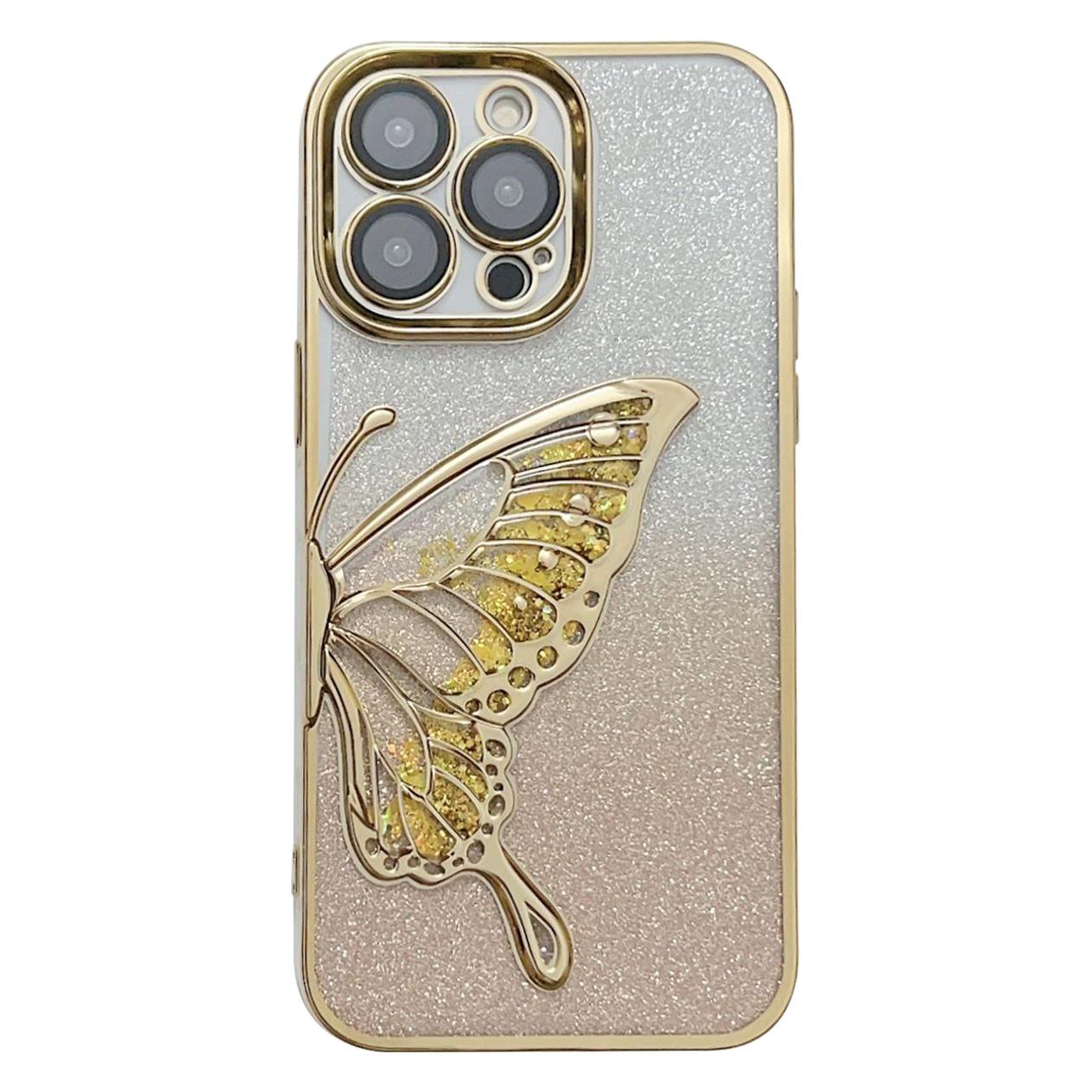 

For iPhone 15 Pro TPU Case Quicksand Butterfly Glitter Electroplating Phone Cover Gold
