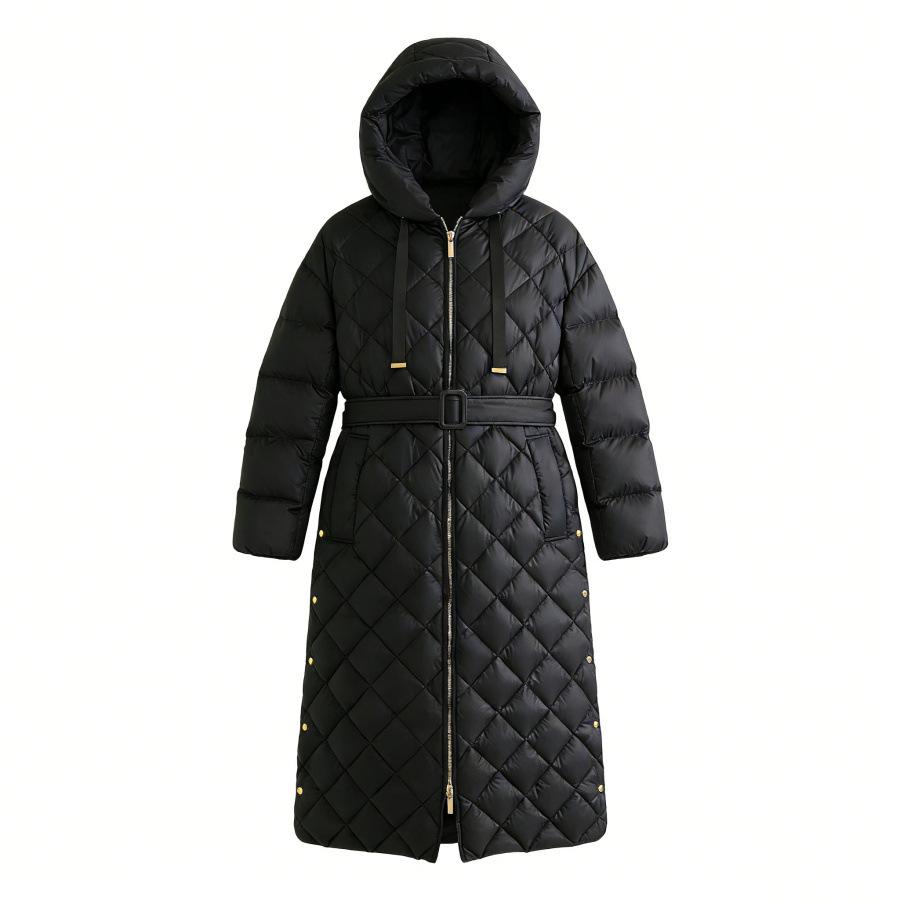 Autumn and Winter Fashion Europe Station Rhombus Hooded Belt Long Down Jacket Women's Warm Winter Tide