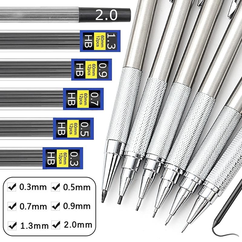Kovové mechanické tužky 0,3 0,5 0,7 0,9 1,3 2,0 mm Sada automatických tužek HB pro kreslení s náplněmi Kancelářské školní psací potřeby Umělecké potřeby