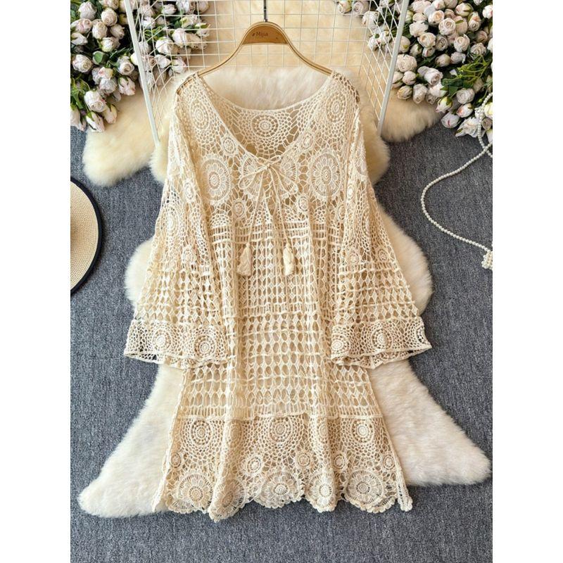 Stylish Cut Out Crocheted Knitting Blouse Dress Women's Summer Plus Size Plus Size Ladies Outdoor Seaside Holiday Midi Dress