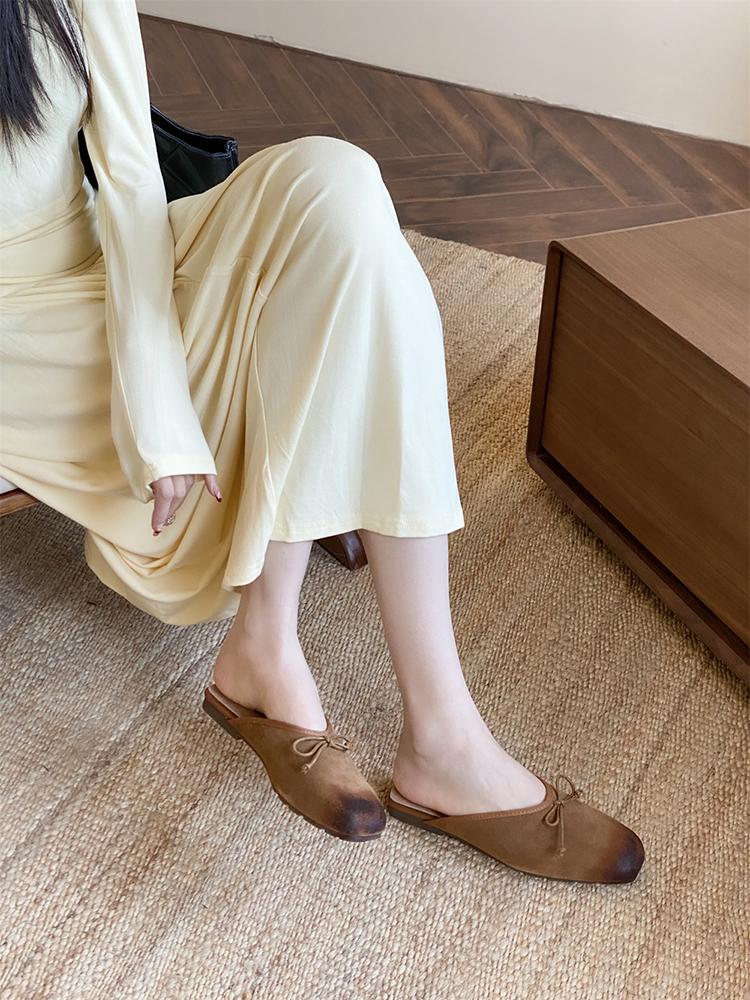 2025 New Summer Slippers Split Leather Shoes Retro Flats Slip-on Sandals Beach Slippers Leisure Walking Shoes Zapatos Para Mujer