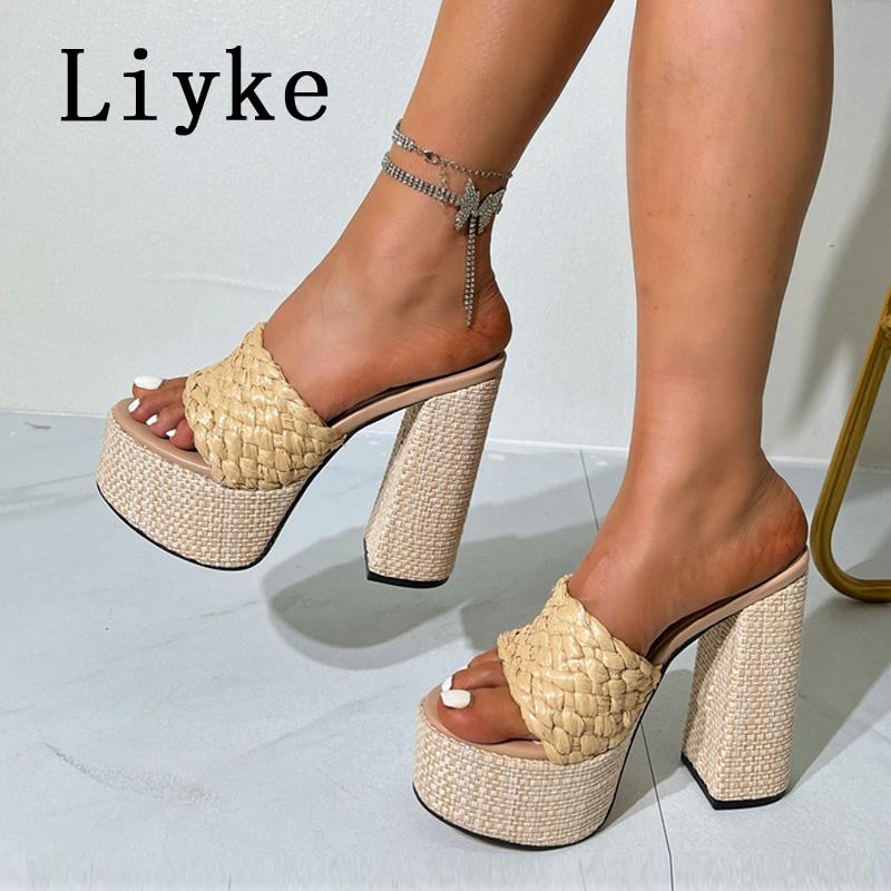 Fashion Liyke Cozy Wood Thick Bottom Open Toe 13.5CM Square High Heels Platform Slippers For Woman Shoes Summer Sandals Zapatos Mujer