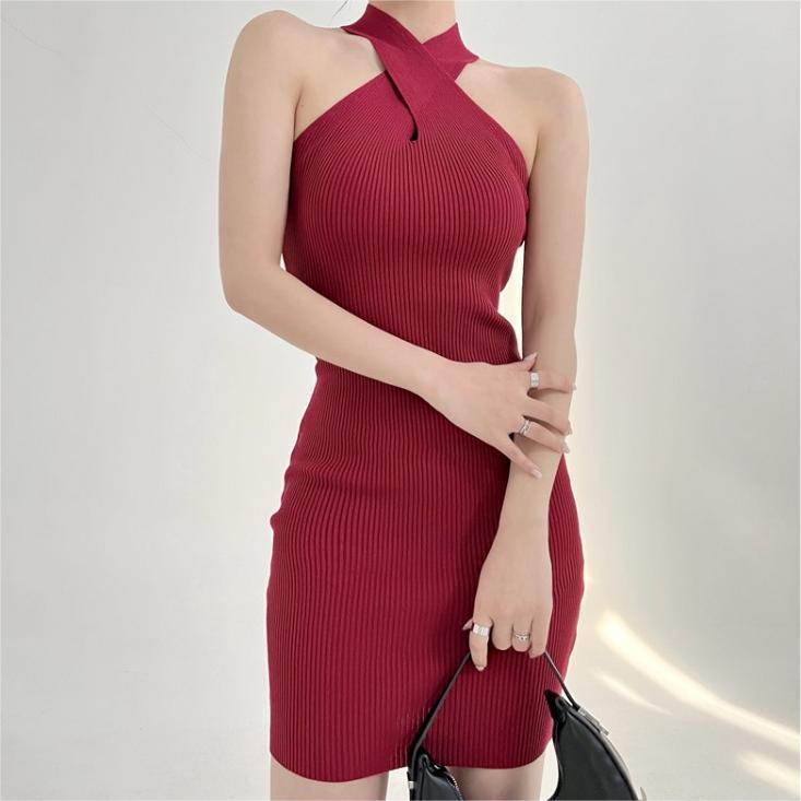 Summer Slim Knit Dress With Crosshalter Neck For Casual Women
