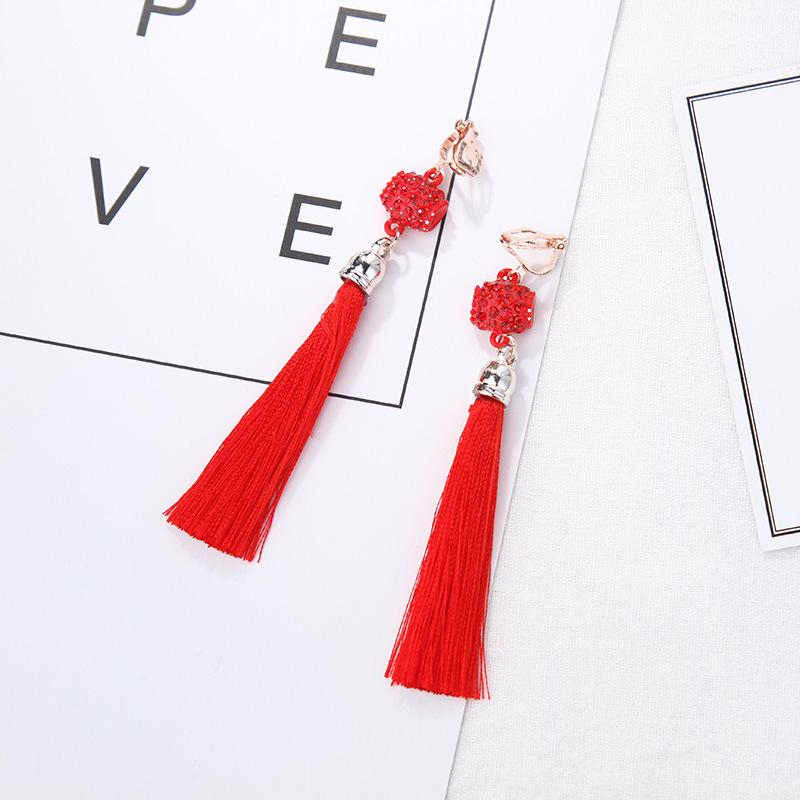 Hanfu-Inspired Red Tassel Clip-On Earrings with Chinese Knot Design