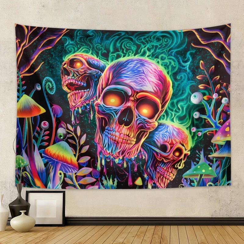 Skull Flower Uv Fluorescent Tapestry Needs Uv Illumination Aesthetic Decorative Wall Hanging For Bedroom