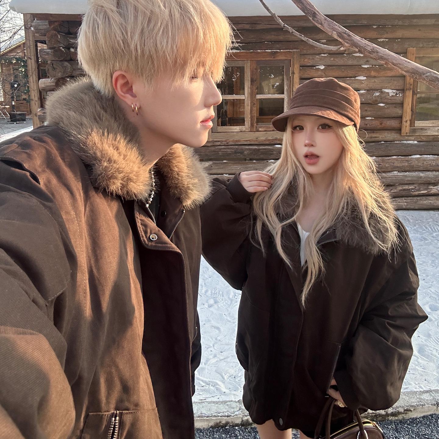 Unisex Retro Workwear Fur Collar Parka: Thick, Warm Winter Cotton Jacket for Couples M коричневый