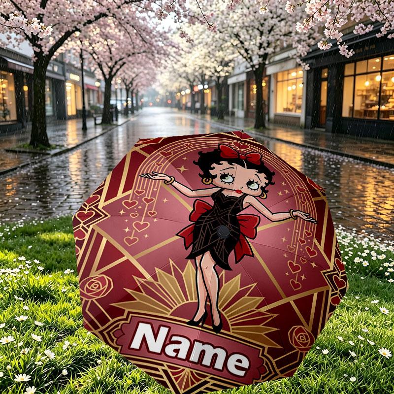 Spersonalizowany Parasol z Nadrukiem Betty Boop z Imieniem, Automatyczne Otwieranie i Zamykanie, Wytrzymały Stelaż z 8 Żebrami, do Codziennego Użytku, na Kemping i Piesze Wycieczki, Prezent Urodzinowy