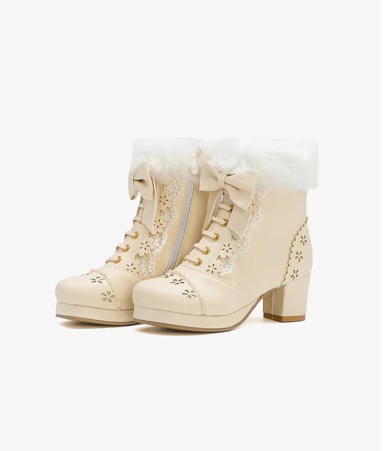 

Большие размеры женские сапоги милые банты оборки косплей Лолита ботильоны JK униформа японские милые банты для девочек туфли на высоком каблуке 38 абрикосовый