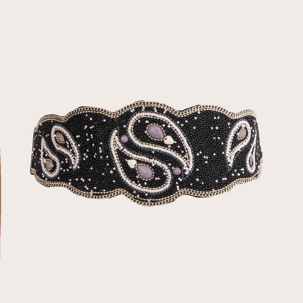 New Taiji Pattern Bead Elastic Buckle Waist Belt, Heavy Industry Bohemian Ethnic Style Women's Belt