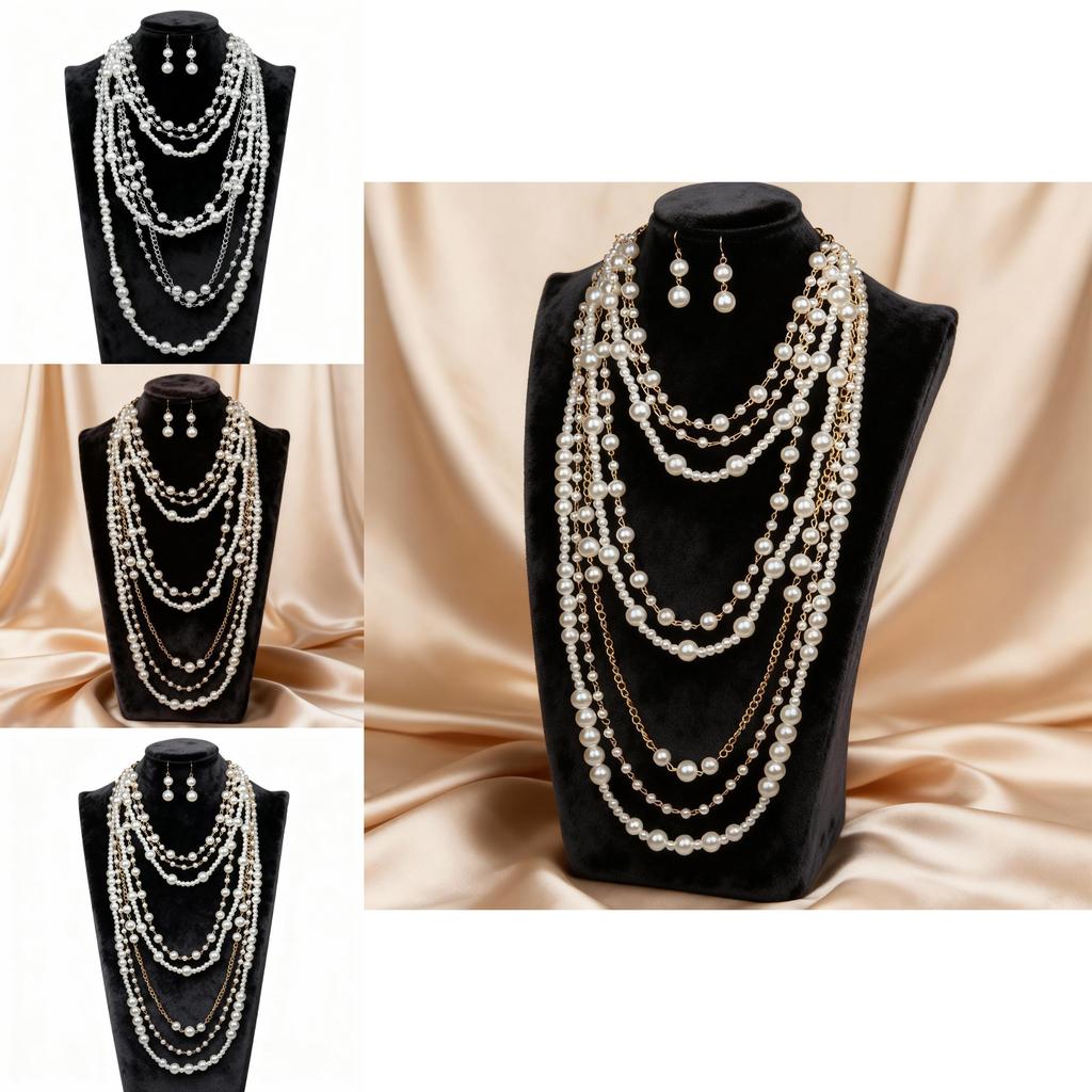 Europäischer Stil Mehrlagige Perlenkette und Ohrring-Set mit geometrischem Anhänger für Damen